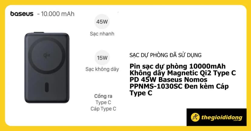 Pin sạc dự phòng 10000mAh Không dây Magnetic Qi2 Type C PD 45W Baseus Nomos PPNMS-1030SC kèm Cáp Type C - Giá rẻ nhất hôm nay - Ảnh 16