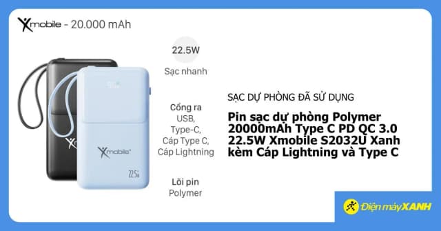 So sánh giá Pin sạc dự phòng Polymer 20000mAh Type C PD QC 3.0 22.5W Xmobile S2032U kèm cáp Lightning và Type C rẻ nhất? - Ảnh 7