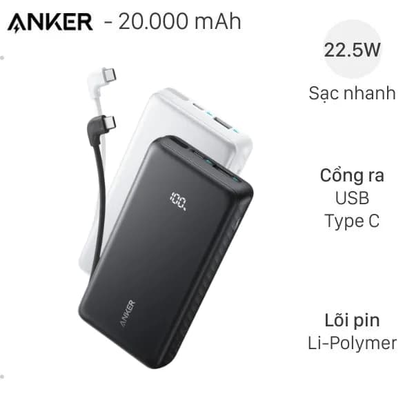 So sánh giá Pin sạc dự phòng Polymer 20000mAh Type C PD QC 3.0 22.5W Anker A110E kèm Cáp Type C rẻ nhất?