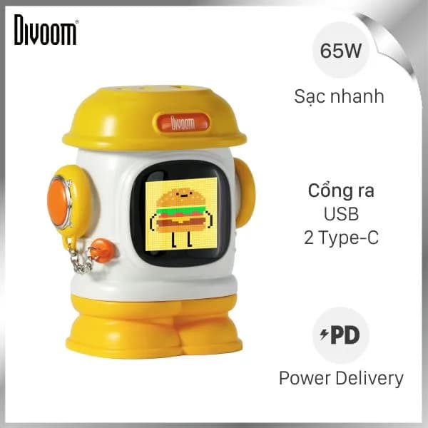 Sạc nhanh 2 cổng USB Type C QC4.0 GaN 65W Divoom Dipow-65 Yellow - Ảnh 12