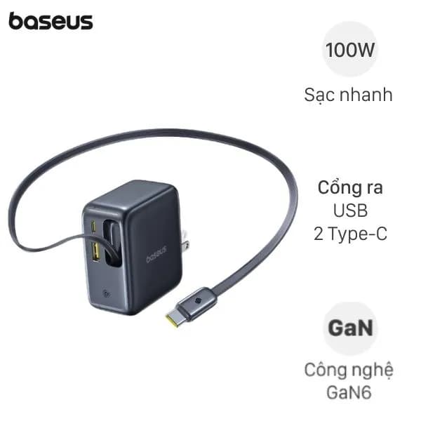 Sạc nhanh 3 cổng USB Type-C PD GaN6 Pro 100W Baseus EnerCore CJ11 E0120N kèm Cáp dây rút Type-C - Ảnh 3