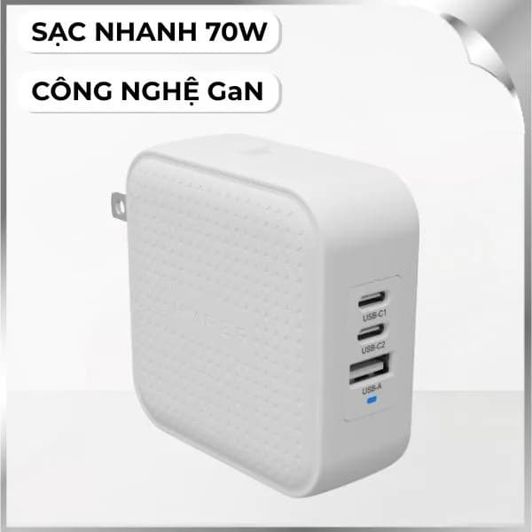 Sạc nhanh 3 cổng USB Type-C PD QC 3.0 GaN 70W HyperJuice HJ1003BKWWGL - Trắng - Ảnh 2