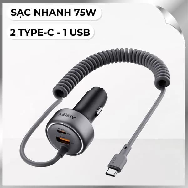 Sạc xe hơi nhanh 3 cổng USB Type-C 75W Aukey CC-P2 1A2C - Ảnh 5