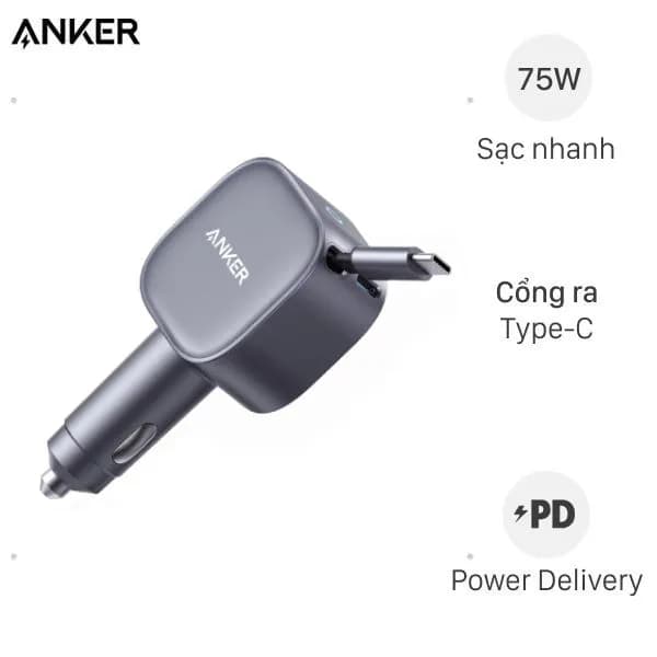 Sạc nhanh xe hơi Type-C 75W Anker Nano A2738 kèm Cáp Dây rút Type C - Ảnh 3