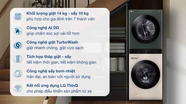 Tháp giặt sấy LG WashTower Inverter giặt 14 kg - sấy 10 kg WT1410NHEG - Ảnh 1