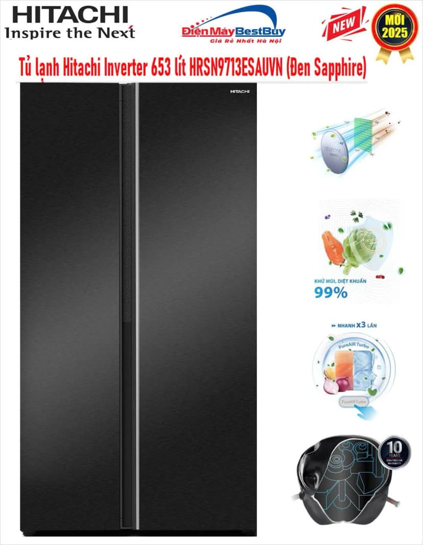 Tủ lạnh Hitachi Inverter 653 lít Side By Side HRSN9713ESAUVN - Giá rẻ nhất hôm nay - Ảnh 1